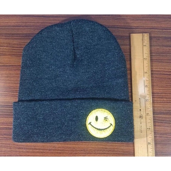 Black Beanie Hat Winking Emoji Fuzzy Face SG FOOTWEAR One Size Cuffed - Picture 10 of 14